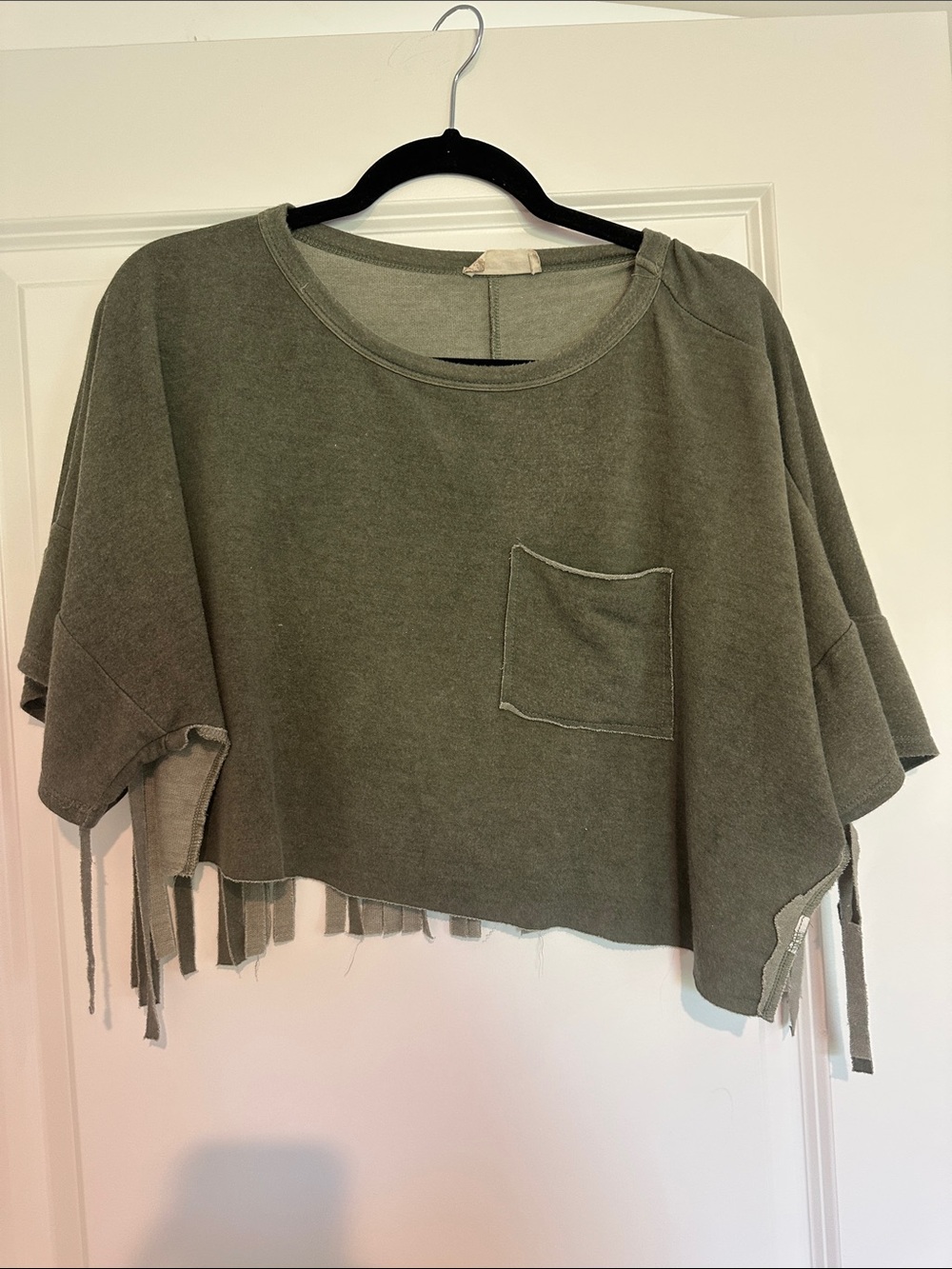 Altar'd State Olive Green Cropped Fringe Pocket Top